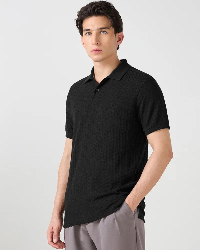 بيواكوف Men's Jet Black Textured Korean Polo T-shirt